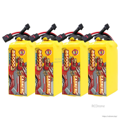 Four-pack lineup of GAONENG 26000mAh battery packs with QS8-S connectors visible