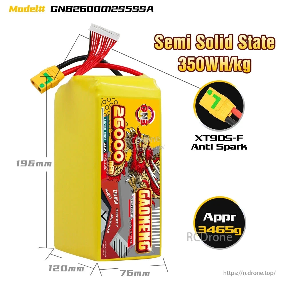 Battery dimensions and features graphic: model GNB2600012S5SSA, XT90S-F anti-spark, approx 3459g