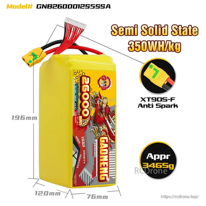 Battery dimensions and features graphic: model GNB2600012S5SSA, XT90S-F anti-spark, approx 3459g
