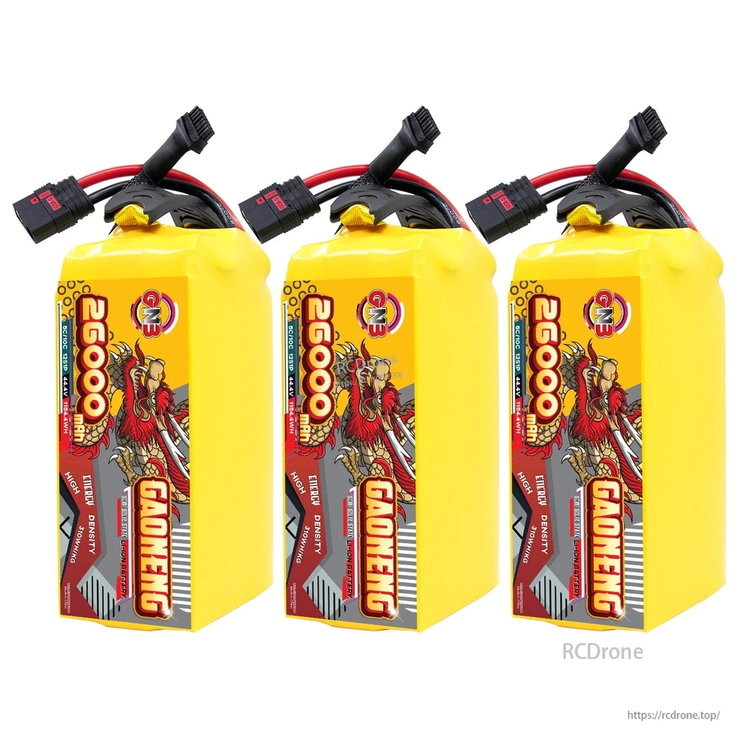 Three-pack display of yellow 26000mAh GAONENG battery packs lined up with connectors