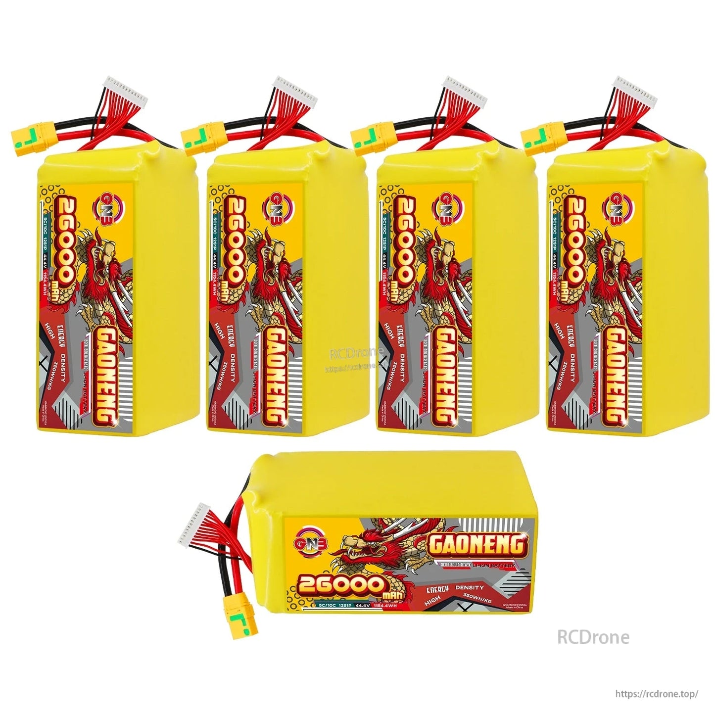 Five GAONENG 26000mAh battery packs shown together, four upright and one horizontal