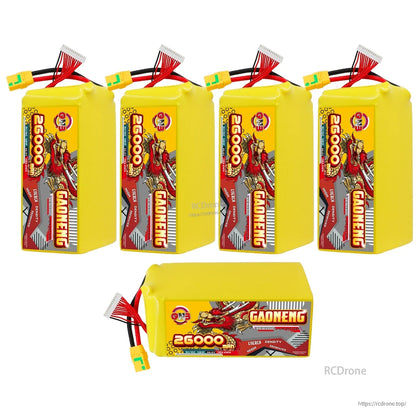 Five GAONENG 26000mAh battery packs shown together, four upright and one horizontal