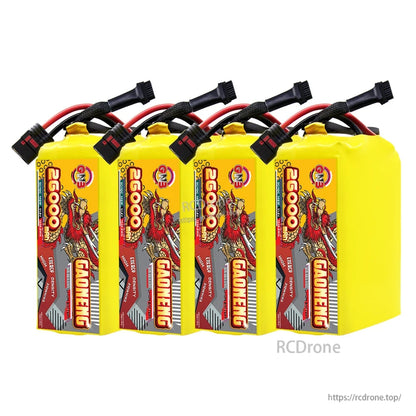 Four GAONENG 26000mAh battery packs grouped together, label side view with cable harnesses