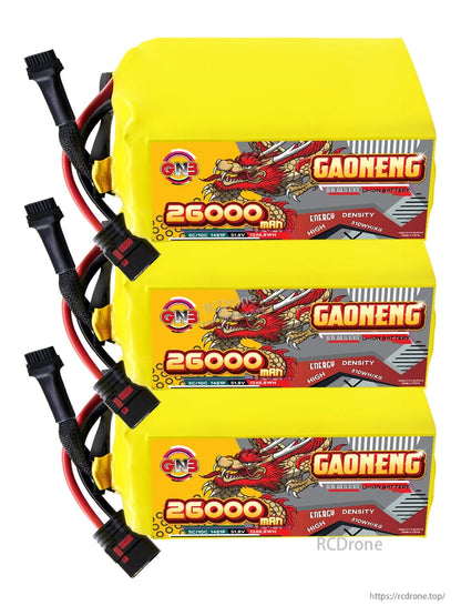 Three GAONENG 26000mAh battery packs stacked, side label view with leads and connectors