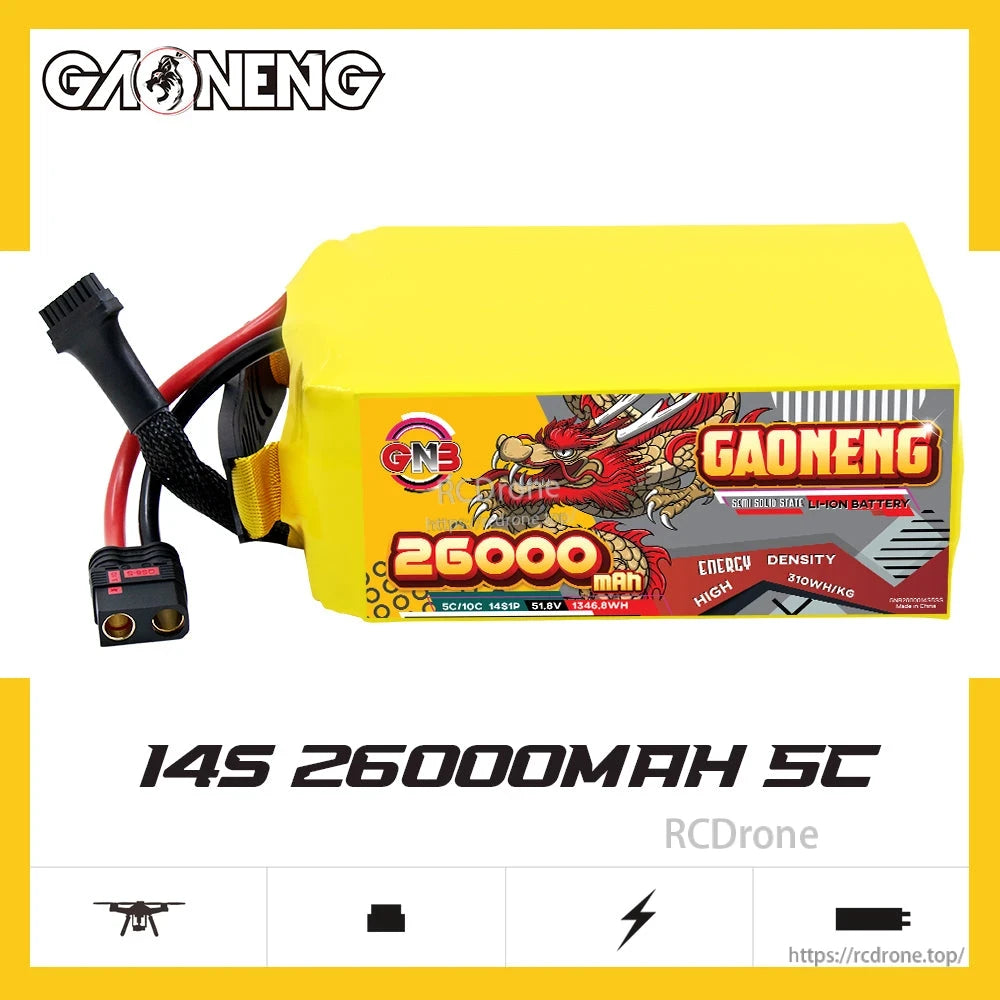 GAONENG GNB 14S 26000mAh 5C battery pack product graphic, side profile with leads