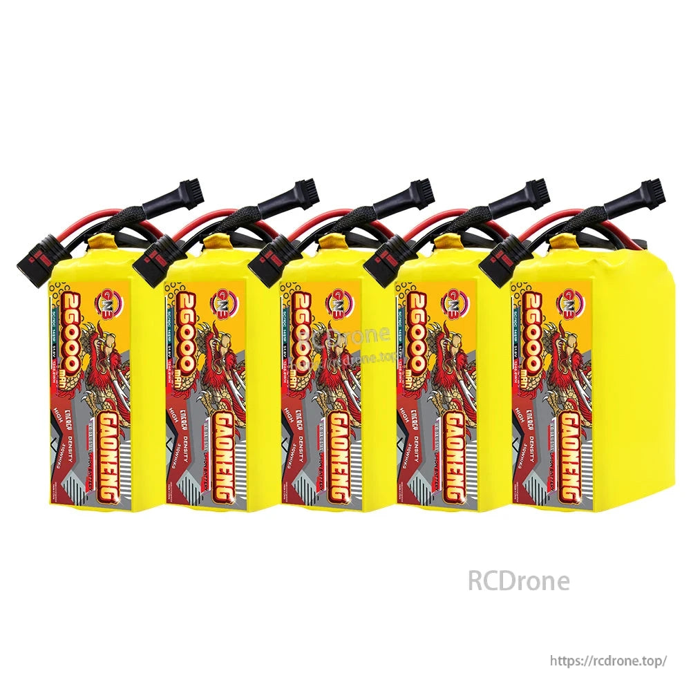 Five GAONENG 26000mAh battery packs grouped together, label side view with leads