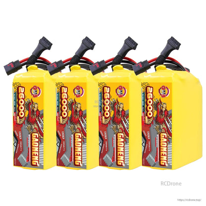 Four-pack set of GAONENG 26000mAh battery packs lined up, connector ends visible