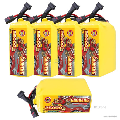 Bundle display of five upright battery packs plus one horizontal pack, all with leads