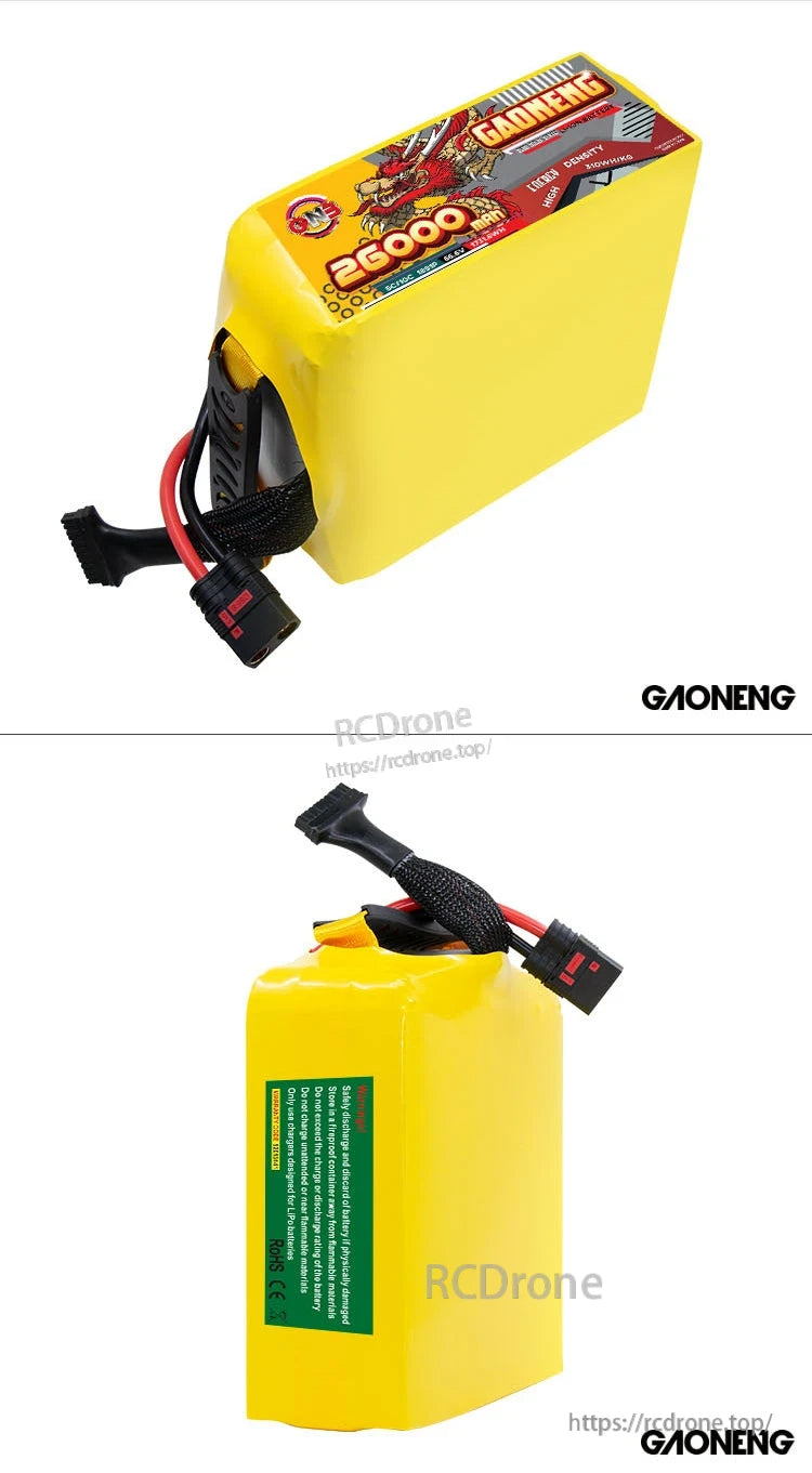 Top and rear angles shown together for GAONENG battery pack, including safety label side