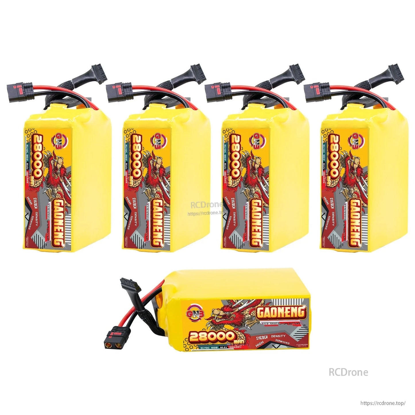 Five-pack layout: four upright GAONENG batteries plus one horizontal, showing label and leads