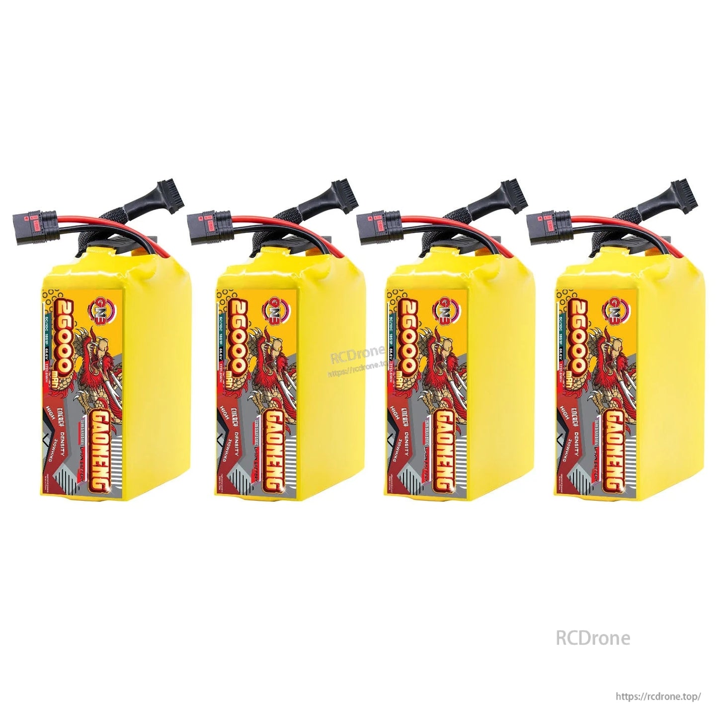 Four GAONENG 26000mAh battery packs lined up, front label view with connectors