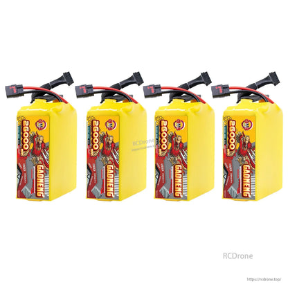 Four GAONENG 26000mAh battery packs lined up, front label view with connectors