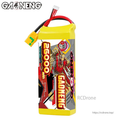 GAONENG 26000mAh battery pack standing upright, front label view with leads and balance plug