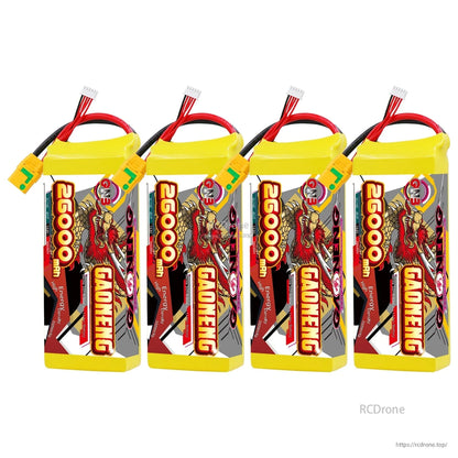 Four GAONENG 26000mAh battery packs lined up, upright front label view