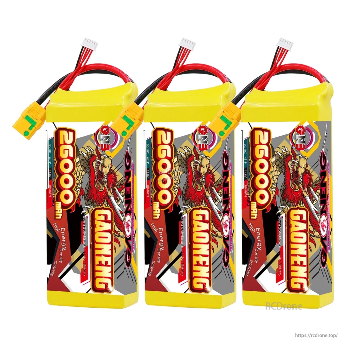 Three GAONENG 26000mAh battery packs lined up, upright front label view