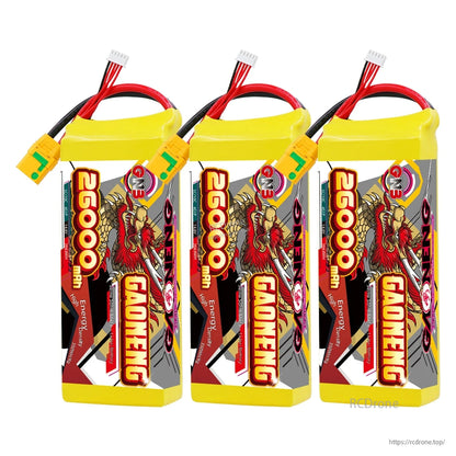 Three GAONENG 26000mAh battery packs lined up, upright front label view