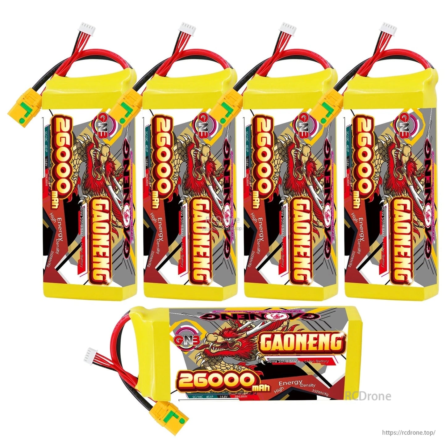 Four GAONENG battery packs upright plus one pack shown horizontally to display top and side profile