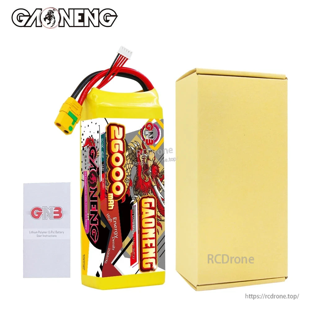 Package contents: GAONENG battery pack, instruction leaflet, and plain cardboard box