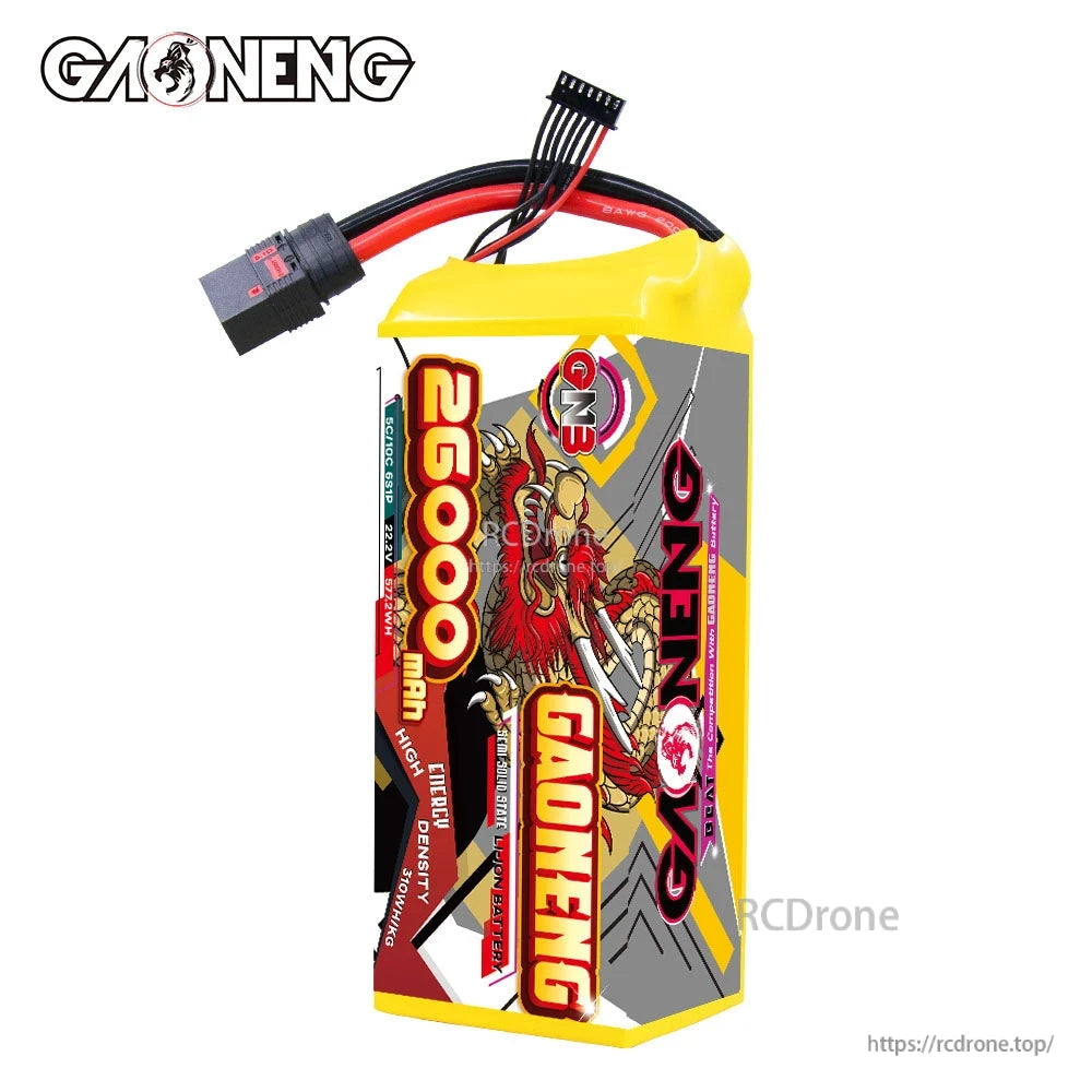 Side view of GAONENG 26000mAh battery pack showing label design and wiring exit from top