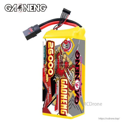 Side view of GAONENG 26000mAh battery pack showing label design and wiring exit from top