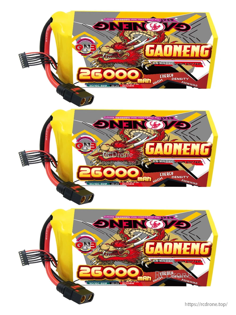 Three GAONENG 26000mAh 6S battery packs shown side by side with QS8 connectors