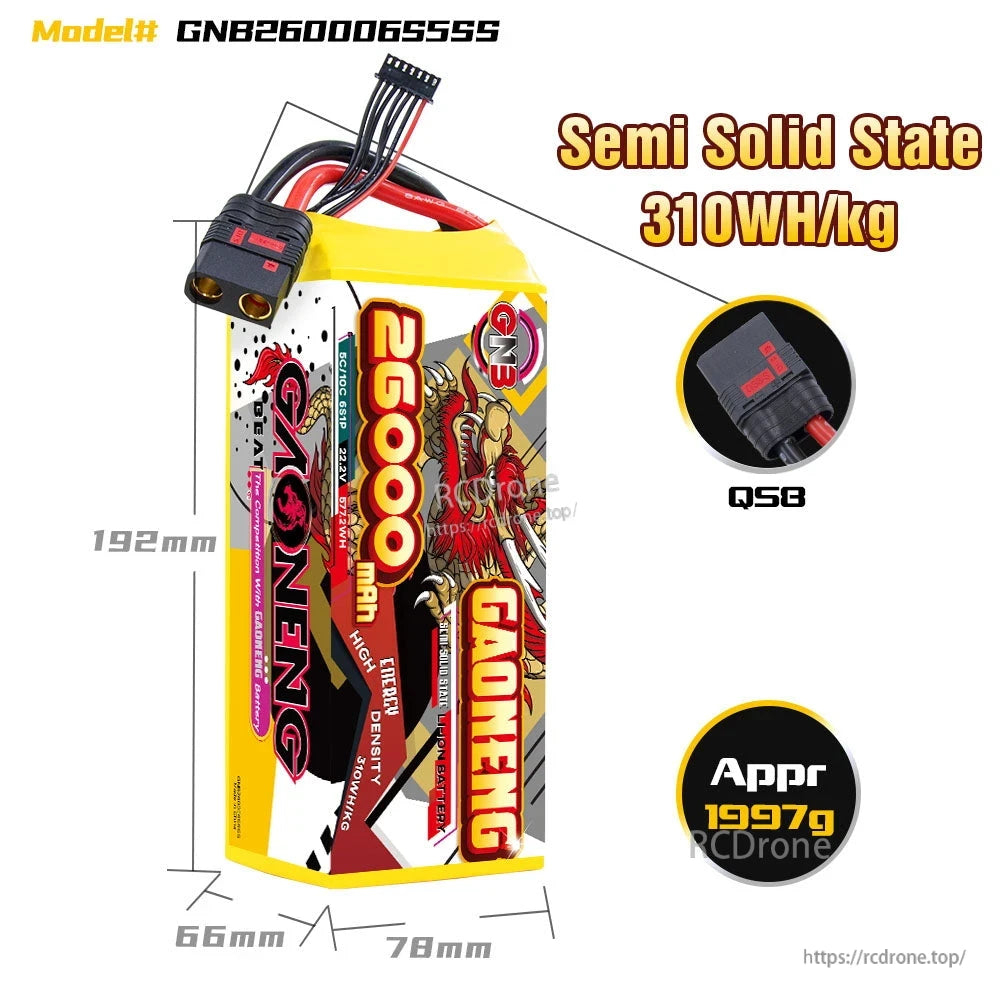 GNB260006S5SS battery dimensions and specs graphic showing QS8 plug, 192×78×66 mm, ~1997 g