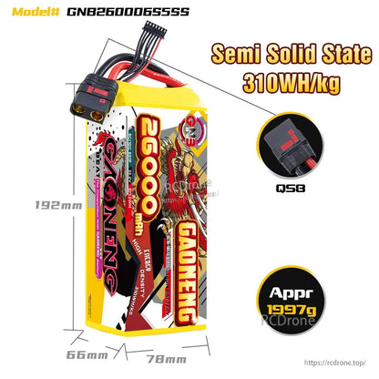 GNB260006S5SS battery dimensions and specs graphic showing QS8 plug, 192×78×66 mm, ~1997 g