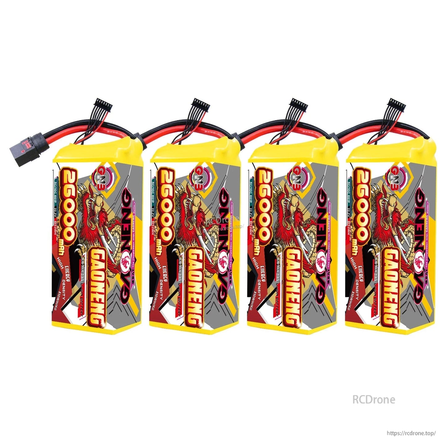 Four GAONENG 26000mAh 6S battery packs standing upright, showing top leads and connectors