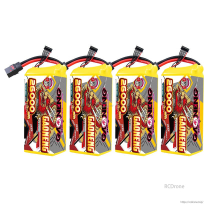 Four GAONENG 26000mAh 6S battery packs standing upright, showing top leads and connectors