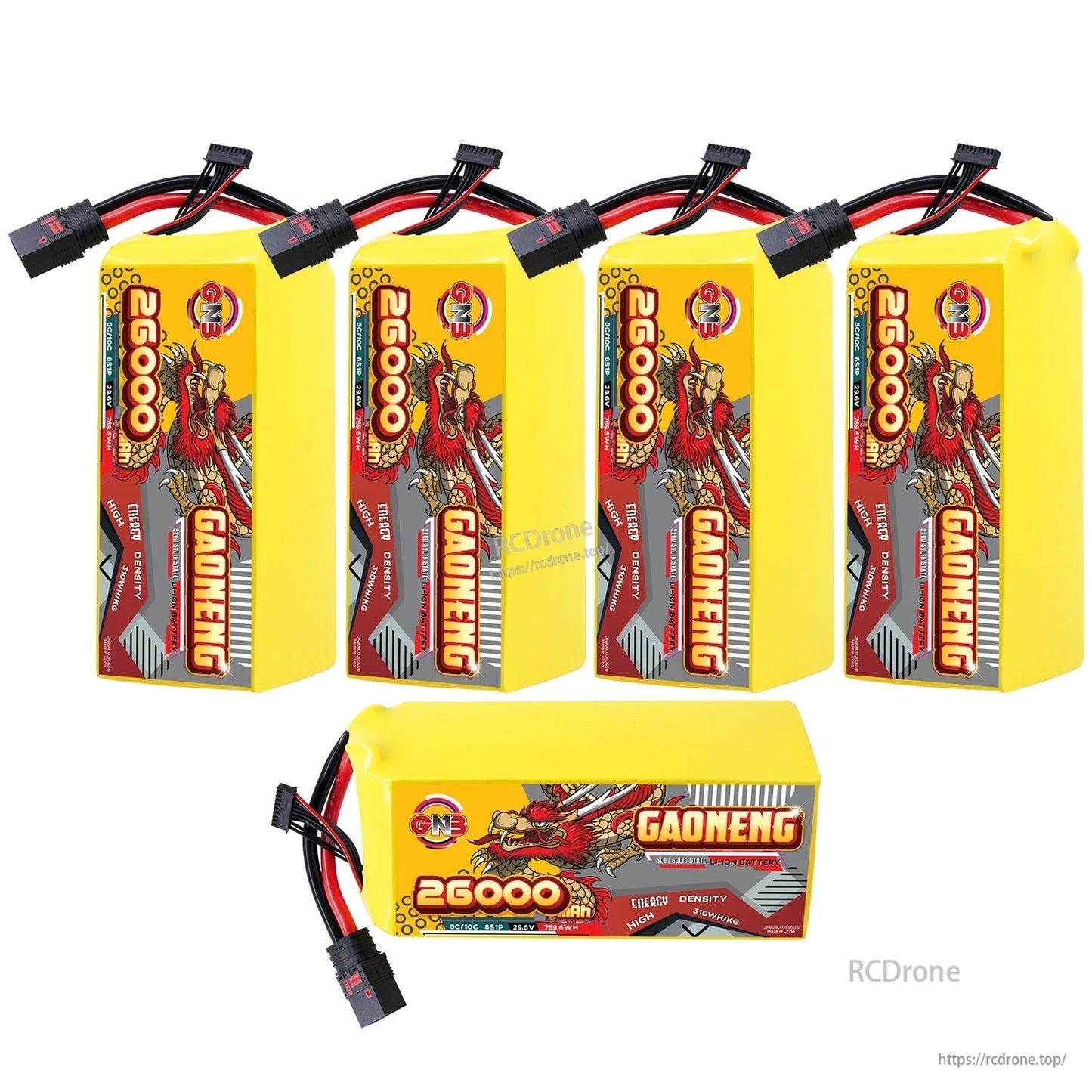 Five-pack display: four batteries upright plus one battery laid horizontally, all with QS8 connectors attached
