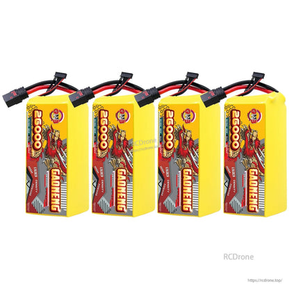 Four GAONENG 26000mAh battery packs side by side with QS8 discharge connectors and balance leads