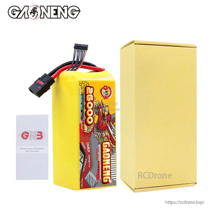 Package contents: GAONENG 26000mAh battery, plain cardboard box, and GN3 lithium polymer battery instructions