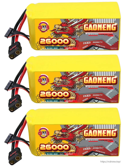 Three GAONENG 26000mAh battery packs stacked vertically, each with QS8 discharge connector and balance lead
