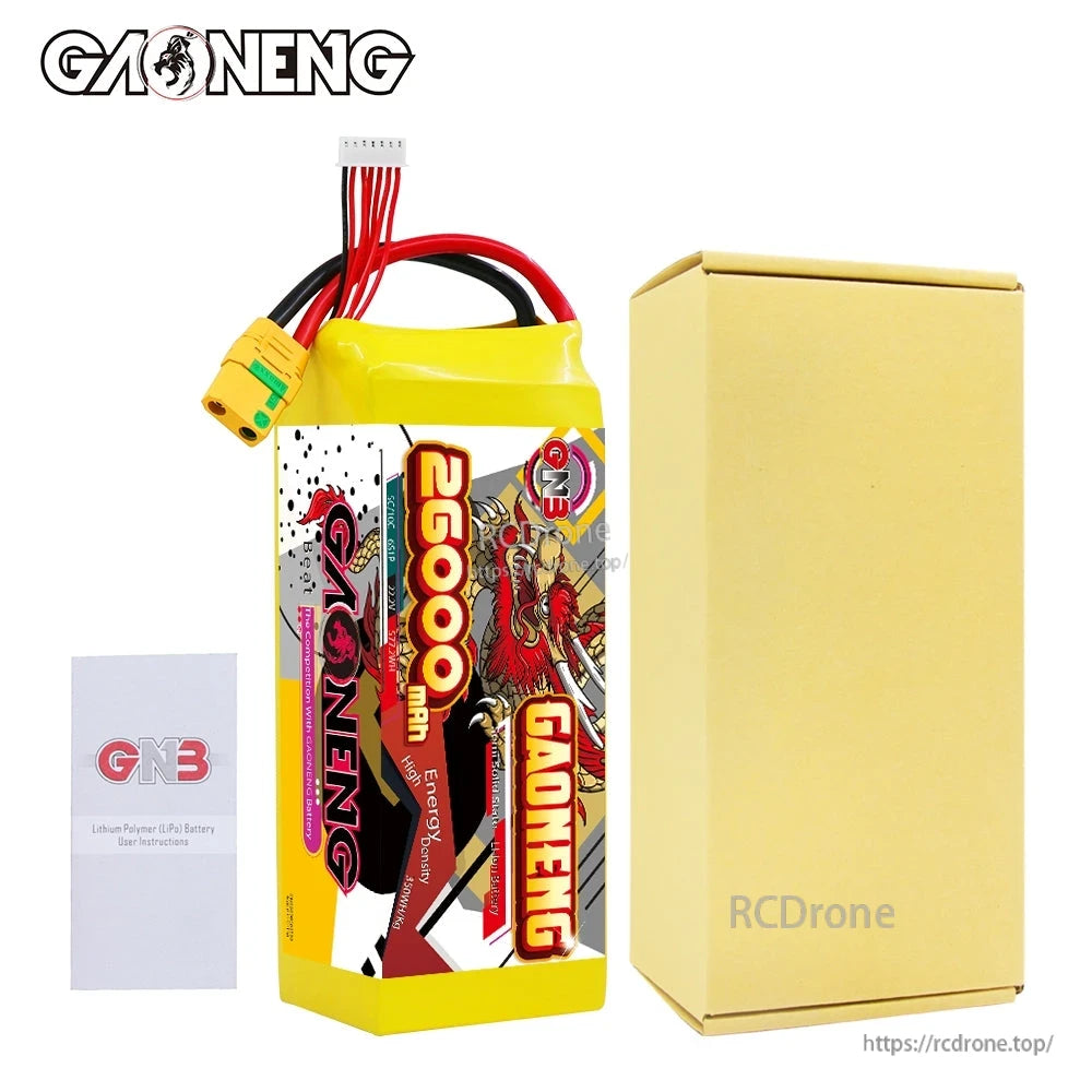 Package contents: GAONENG GNB battery pack with XT90S lead, retail box, and instruction leaflet