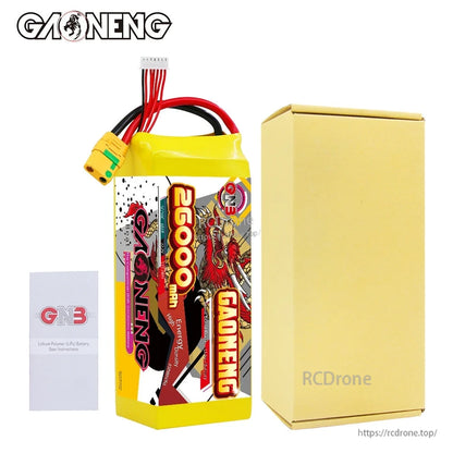 Package contents: GAONENG GNB battery pack with XT90S lead, retail box, and instruction leaflet