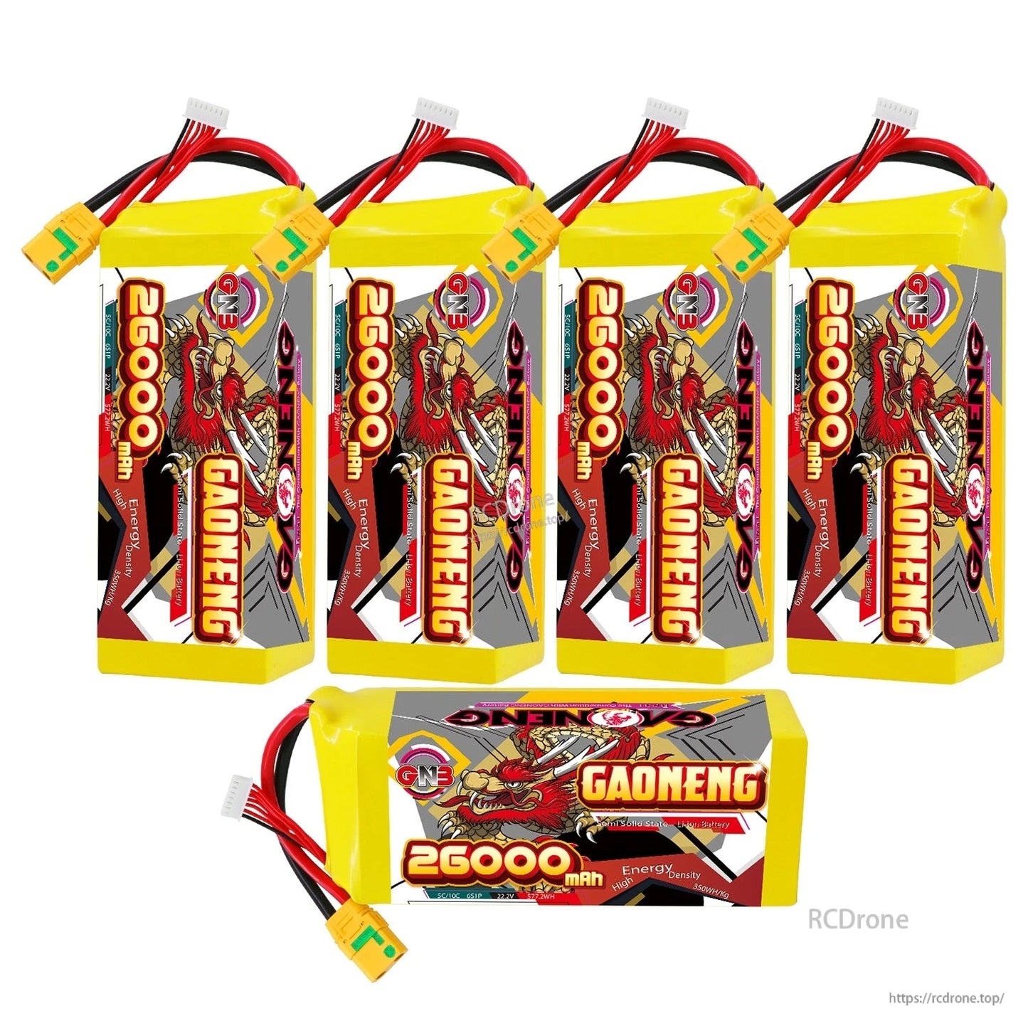 Group photo of GAONENG 26000mAh battery packs: four upright plus one horizontal pack