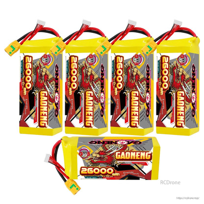 Group photo of GAONENG 26000mAh battery packs: four upright plus one horizontal pack