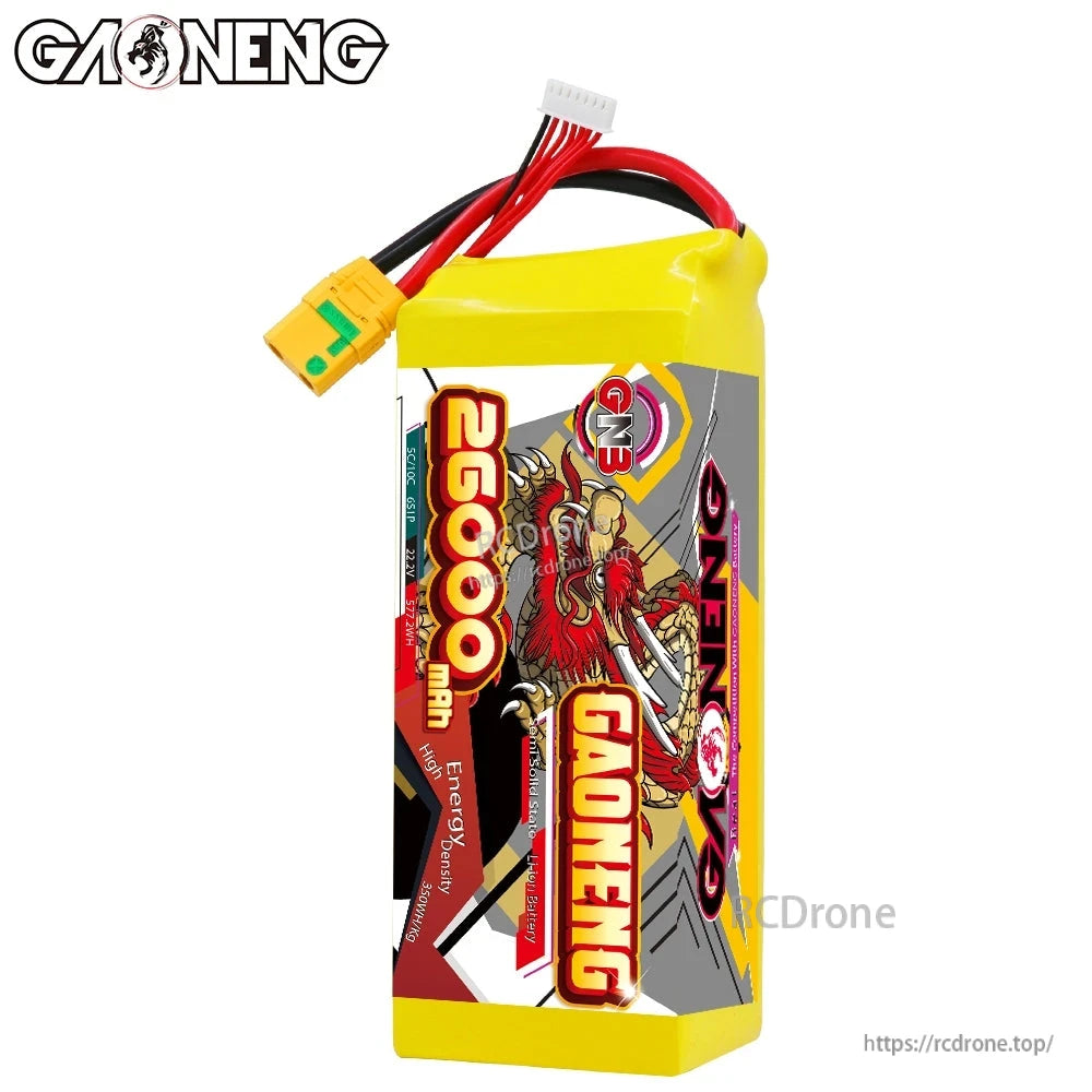 GAONENG battery pack front view showing 26000mAh label, wiring harness, and XT90S connector