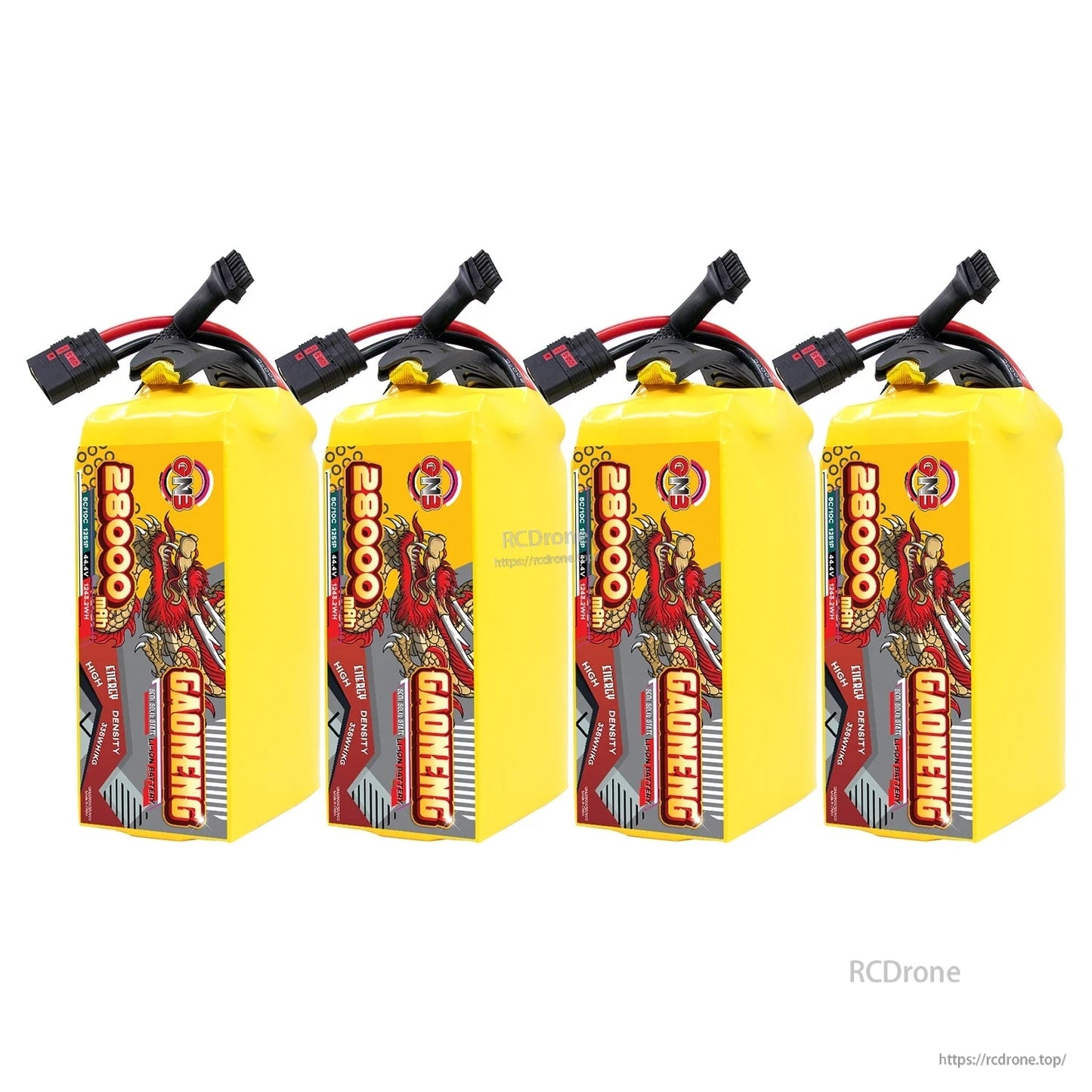 Four GAONENG 28000mAh battery packs arranged in a row with discharge leads visible