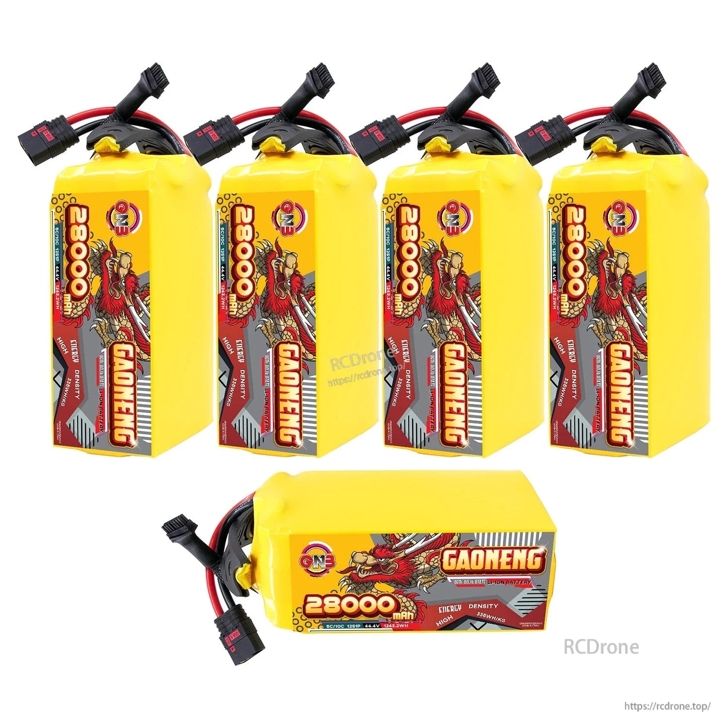 Bundle layout showing four upright GAONENG 28000mAh packs plus one pack lying flat