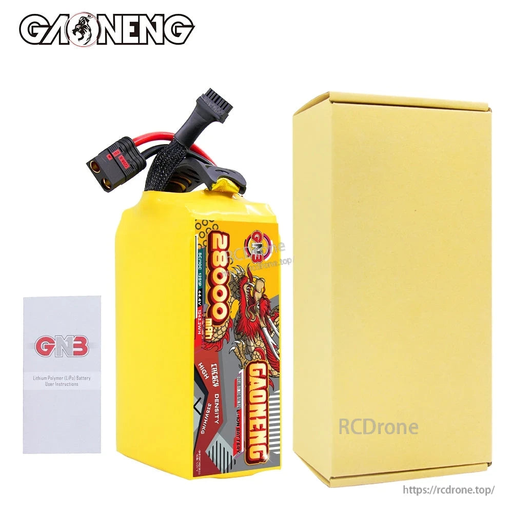 Package contents: GAONENG 28000mAh battery pack, plain retail box, and included leaflet