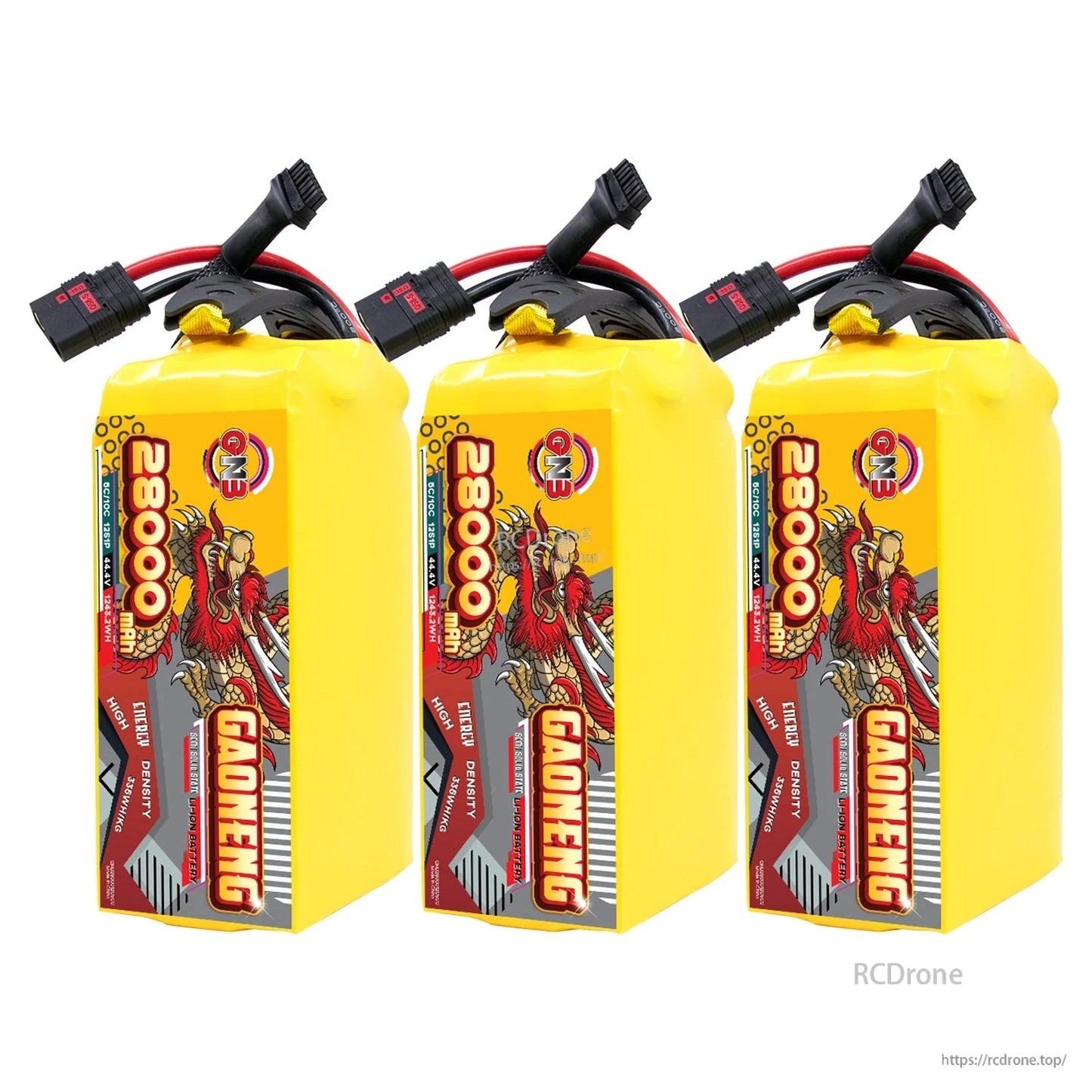 Three GAONENG 28000mAh battery packs shown together, front label view with connectors