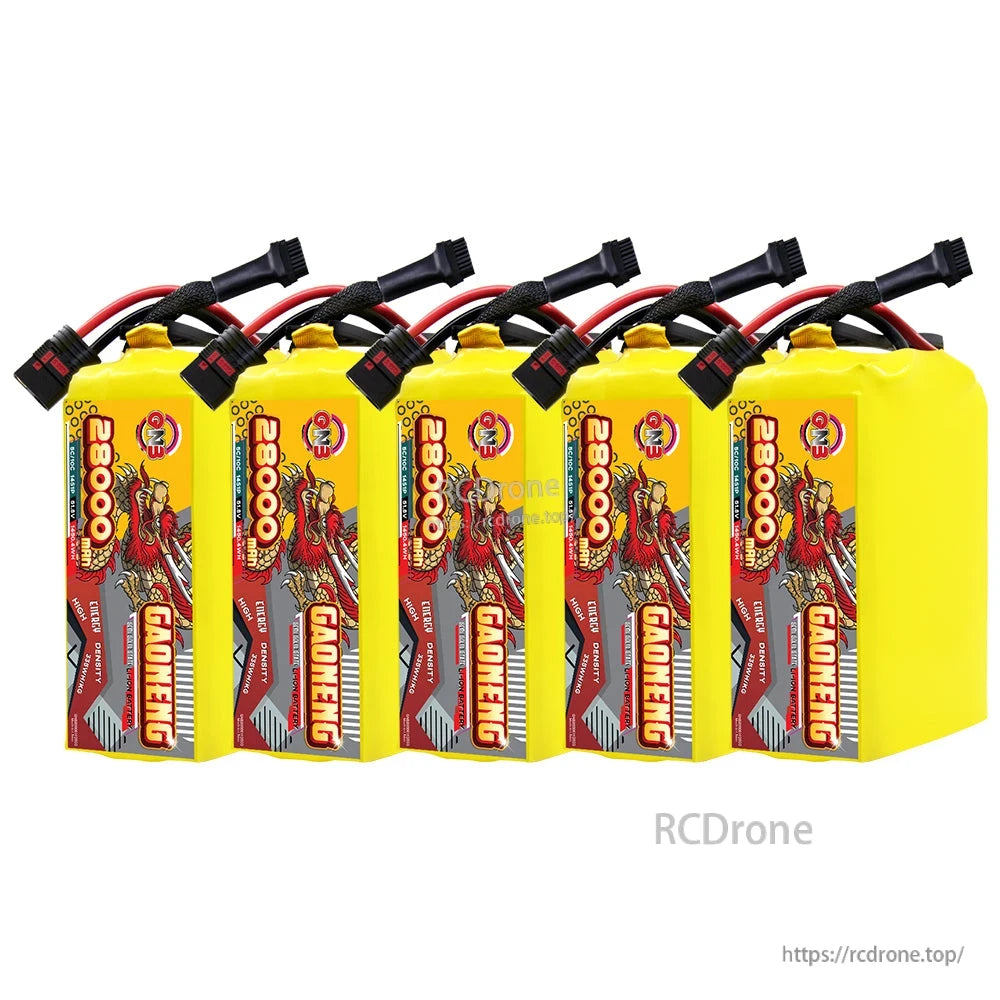 Five-pack lineup of GAONENG 28000mAh battery packs shown in a row