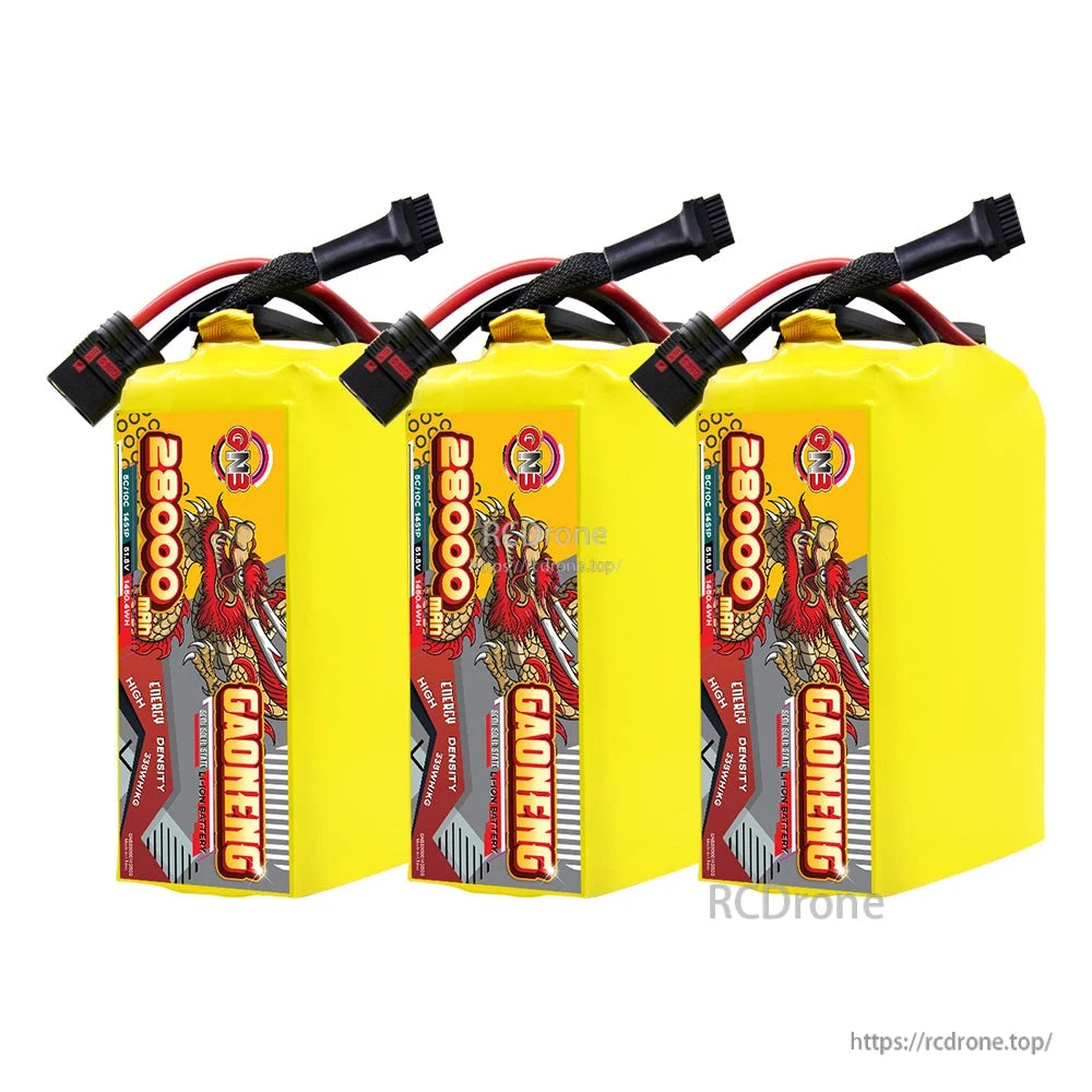 Three-pack lineup of GAONENG 28000mAh battery packs with QS8-S discharge leads