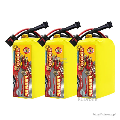 Three-pack lineup of GAONENG 28000mAh battery packs with QS8-S discharge leads