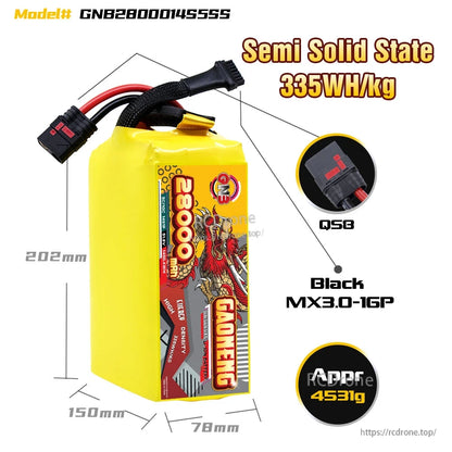 GNB2800014S5SSS battery size and specs graphic, 202×150×78mm, QS8 connector, 4531g weight