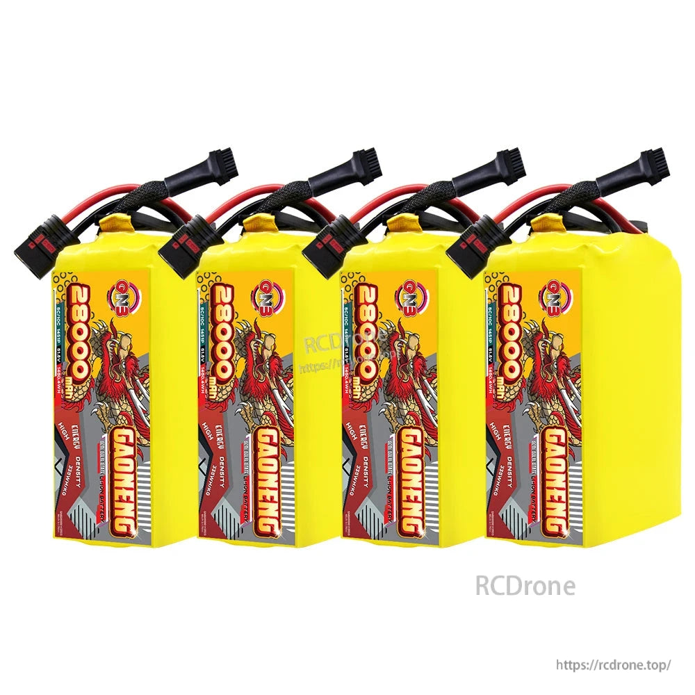 Four-pack lineup of GAONENG 28000mAh battery packs with discharge and balance connectors