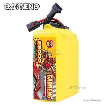 Front label view of yellow GAONENG 28000mAh battery pack with top leads and protective wrap