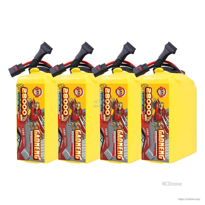Four GAONENG 28000mAh battery packs aligned side by side, showing front labels and connector leads