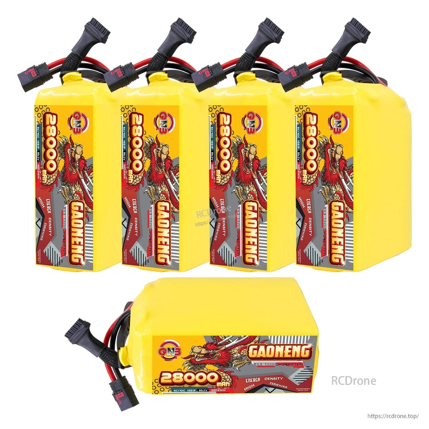 Bulk set display showing multiple GAONENG 28000mAh packs standing plus one pack laid flat for label view